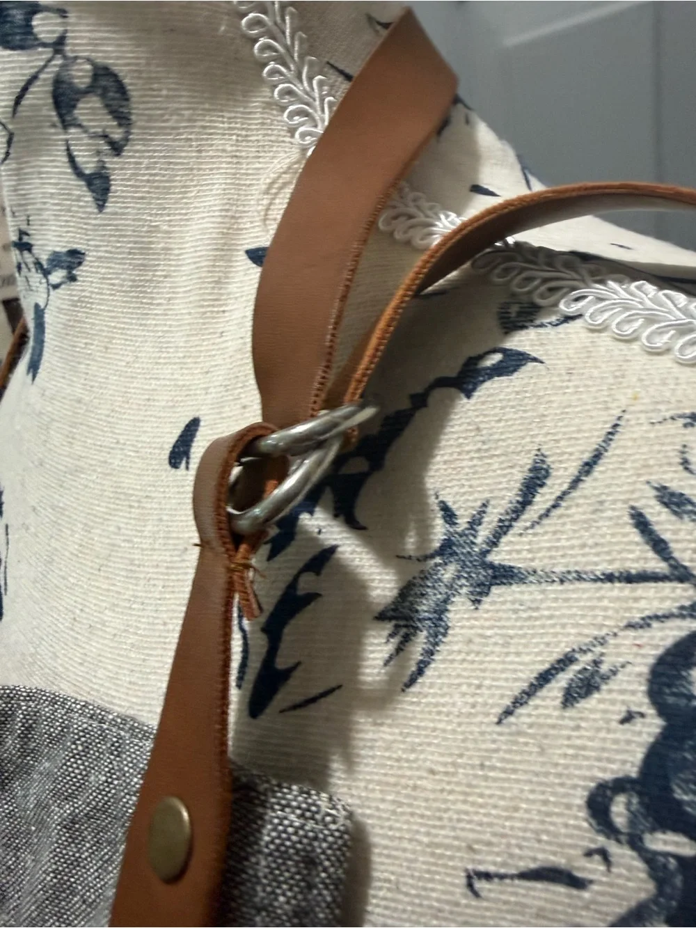Gray Linen-Blend Apron with faux Leather Neck Straps- Working Kitchen